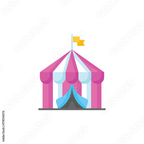 A pinkandwhite striped circus tent with a yellow flag on top. Icon vector illustration
