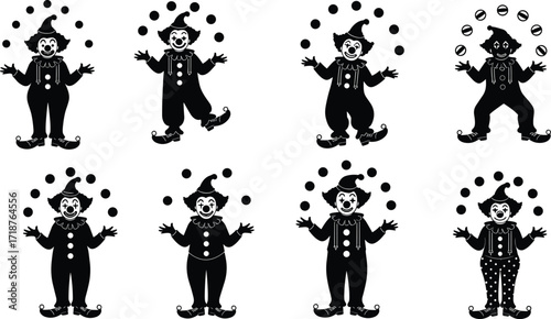 Funny clown silhouettes juggling balls in circus performance, comedy show, entertainment, carnival, festival, amusement, fun, playful art, celebration