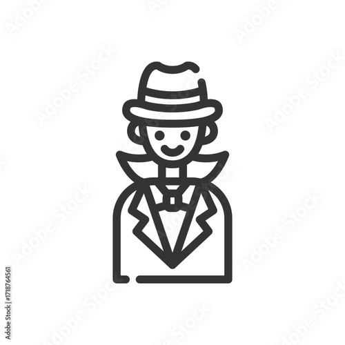 A simple line art icon of a person wearing a fedora suit jacket and a large collared coat. Icon vector illustration