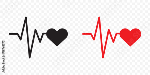 Red heartbeat line collection with heart symbol, cardiology, medical pulse, ECG, EKG design, healthcare clipart vector illustration, health monitoring, digital heartbeat graphics