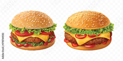 realistic tasty beef burger set in different style isolated on transparent background
