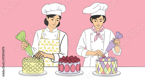 Female chefs decorate delightful cakes using frosting bags baking pastry illustration dessert art sweet professional vector cartoon