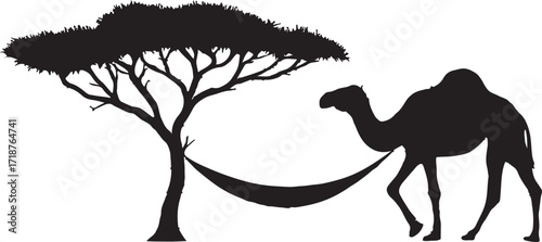 Silhouette of an acacia tree with a camel walking nearby evoking a vintage travel vibe isolated on white background