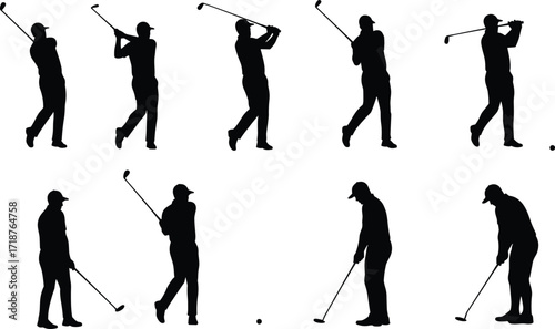 Golf player silhouette collection, professional golfer swing action, sport man with club, hitting ball, training, competition, vector illustration design