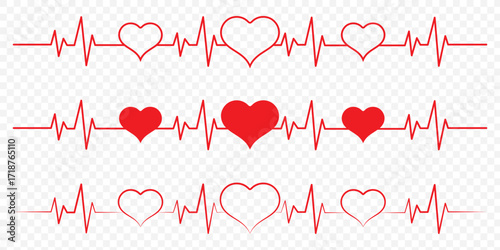 PrintRed heartbeat line icons on white background. Pulse Rate Monitor. Vector illustration.