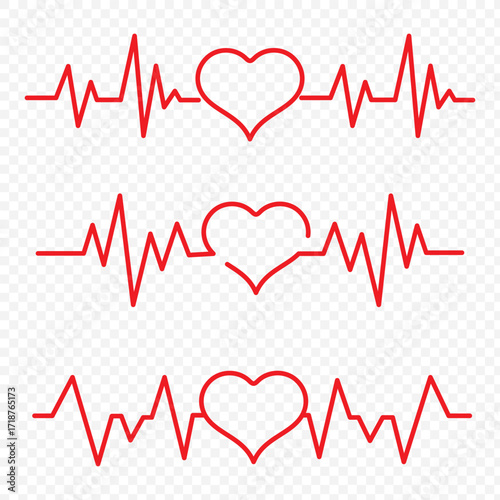 PrintRed heartbeat line icons on white background. Pulse Rate Monitor. Vector illustration.