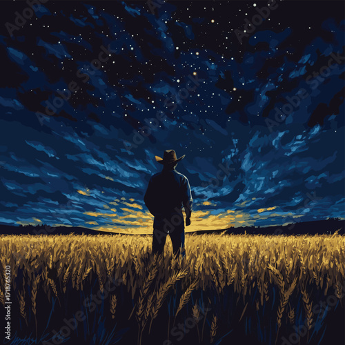 Farmer facing away in a field of wheat at night