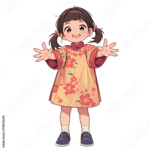 A joyful child with pigtails wears a bright floral dress and smiles widely while reaching out her arms for a warm embrace, exuding happiness and innocence.