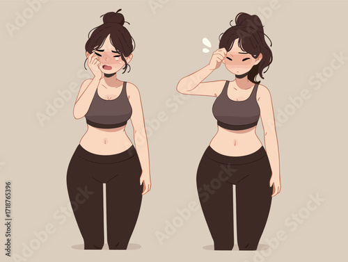 A woman shows her feelings through facial expressions, depicting a shift from sadness to relief after exercise. She wears comfortable workout clothes and engages in self-care.