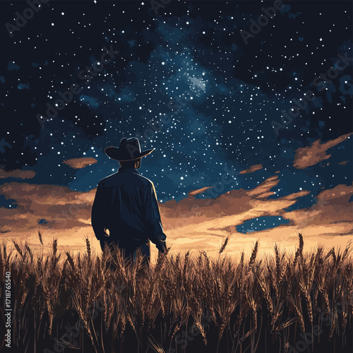 Farmer facing away in a field of wheat at night