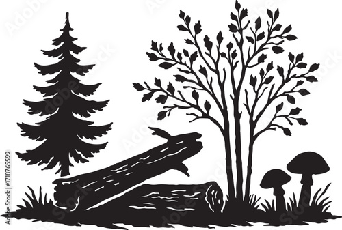 Silhouette of a vintage forest scene with fallen logs and mushrooms detailed woodland illustration isolated on white background
