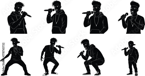 Hip hop rapper silhouettes performing on stage with microphone, urban music artist singing, rap concert illustration, energetic singer, street performance