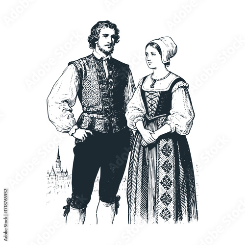 Luxembourg couple. Man: red vest & breeches. Woman: white cap and embroidered blouse. Traditional dress clothes.