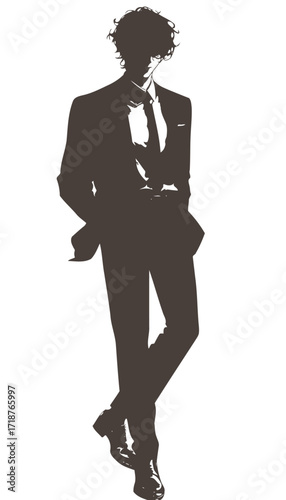 A confident man in a sharp suit stands with one hand in his pocket, showcasing a stylish silhouette against a light background.