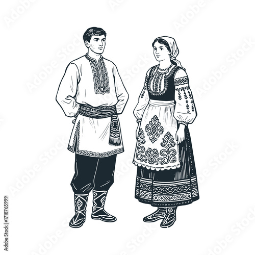 Bulgaria couple. Man: white shirt and sash belt • Woman: richly embroidered dress with apron • Shoes: tsarvuli. Black and White Icon Vector and Illustration. Traditional dress clothes.