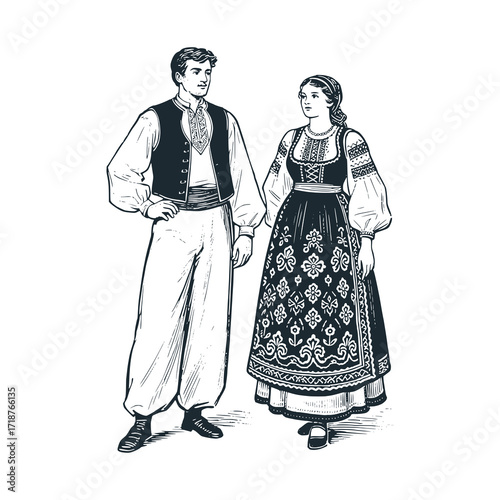 Hungarian couple. Man in white shirt with vest and wide pants; Woman in richly embroidered skirt and blouse. Traditional dress clothes.