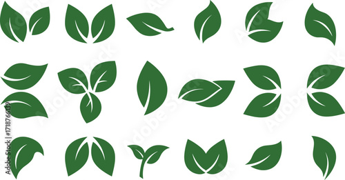 Green leaf icons, eco friendly foliage vector, natural botanical illustration, organic plant design, sustainable nature element, herbal decorative symbol, environmental graphic
