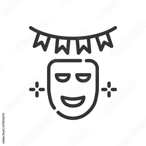 Cartoon image featuring a mask with decorations on top and sparkles on either side. Icon vector illustration