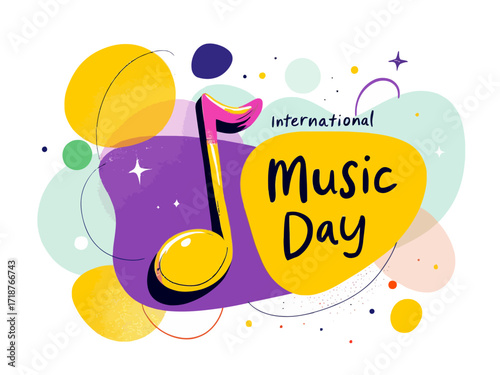 Vibrant and colorful graphic illustration of a musical note celebrating a global music festival on an abstract background