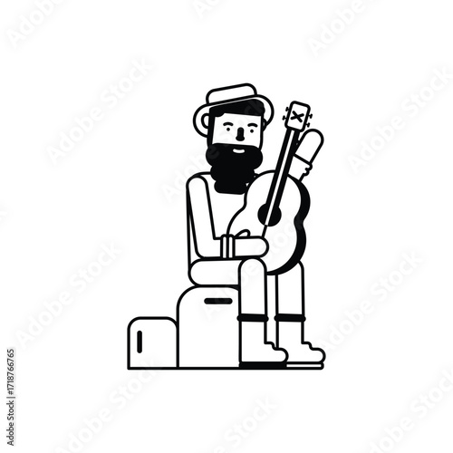 Cartoon of a bearded man with a hat holding a guitar sitting on a stool