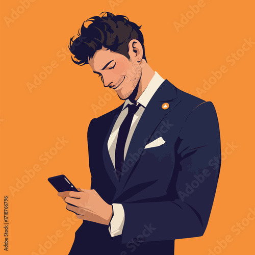 A man dressed in a dark suit and tie stands confidently while looking at his smartphone. His relaxed smile and the bright orange background create a positive atmosphere.