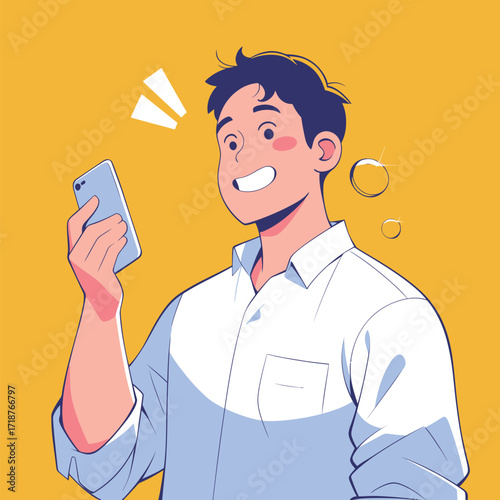 A cheerful young man is enjoying a moment while looking at his smartphone. His expression shows excitement, set against a vibrant yellow background.