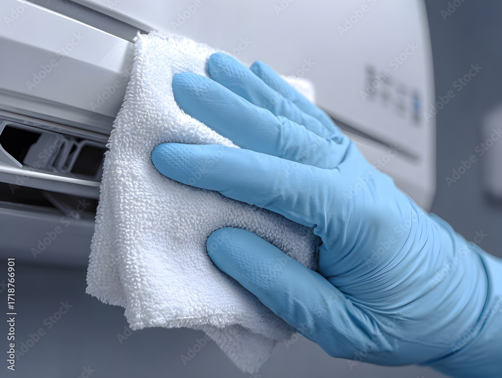 Fototapeta premium Blue gloved hand cleaning a white air conditioner unit with a white cleaning cloth in a home interior.