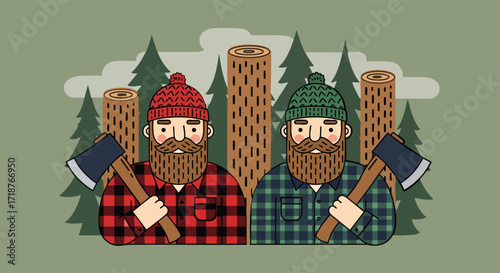 Cartoon lumberjack characters with axes in a forest woodcutting logs rustic nature illustration