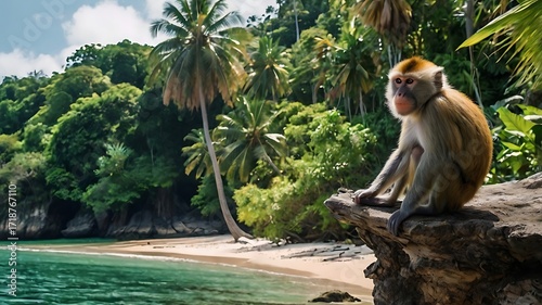 Jungle meeting the sea on a tropical island, monkeys in the trees