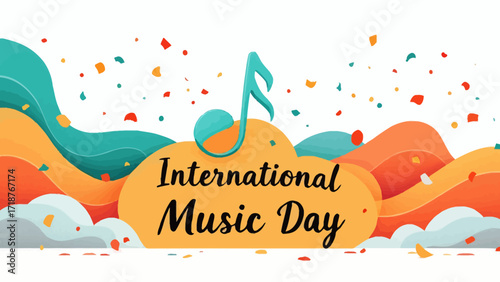 Colorful paper cut style illustration celebrating a global music festival with a musical note and festive confetti