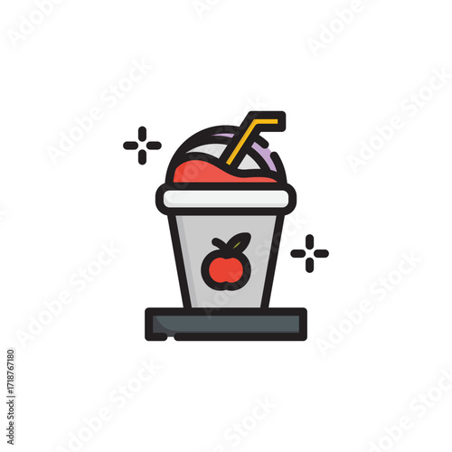 Illustrated apple slushy with a straw sits on a gray base accompanied by starbursts. Icon vector illustration