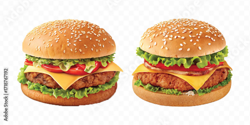 realistic tasty beef burger set in different style isolated on transparent background