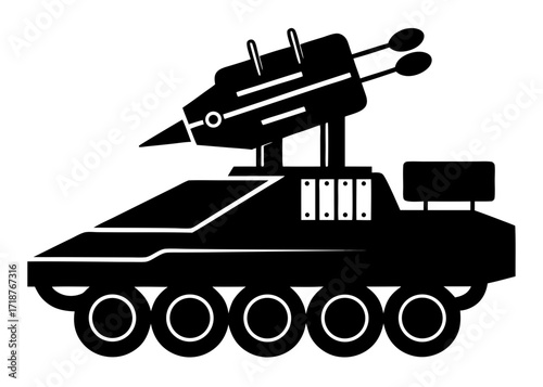 Mobile anti tank missile system black vector silhouette on white background