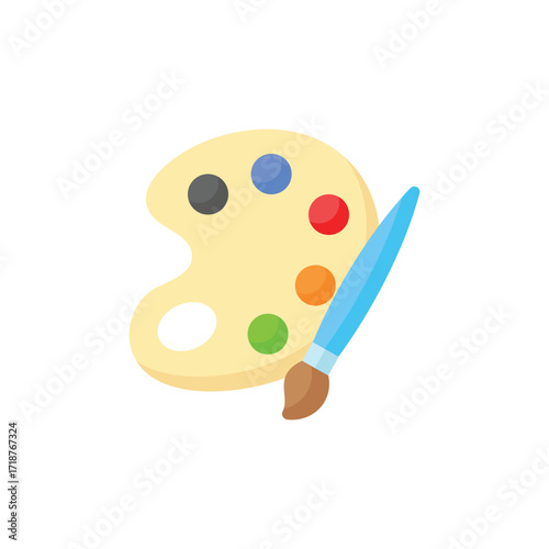 Image shows an artist palette with paint and brush. Icon vector illustration