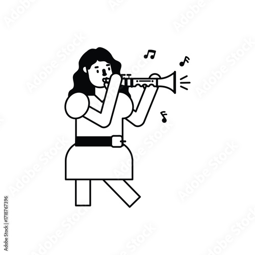 Line art illustration of a woman playing the trumpet with musical notes floating nearby.