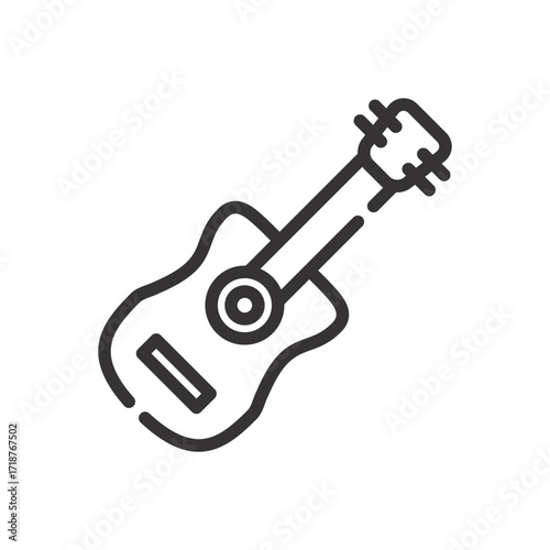 Line drawing of a guitar showing the headstock neck body and soundhole. Icon vector illustration