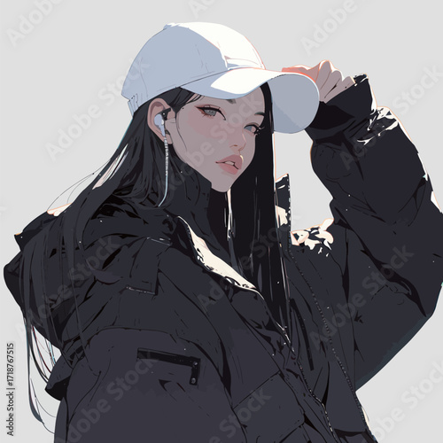 A young woman stands confidently, wearing a white cap and a black puffer jacket. Her long black hair flows freely as she poses with a subtle expression.