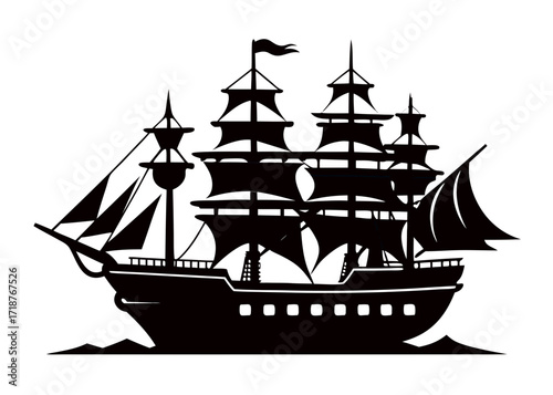 Frigate black vector silhouette on white background