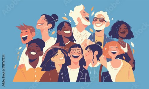A lively group of diverse friends is gathered together, laughing and enjoying each others company. They share joyful expressions and display a vibrant atmosphere of friendship.