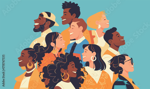 A diverse group of friends stands close together, smiling and enjoying each others company in a vibrant and joyful atmosphere. Their expressions reflect warmth and connection.