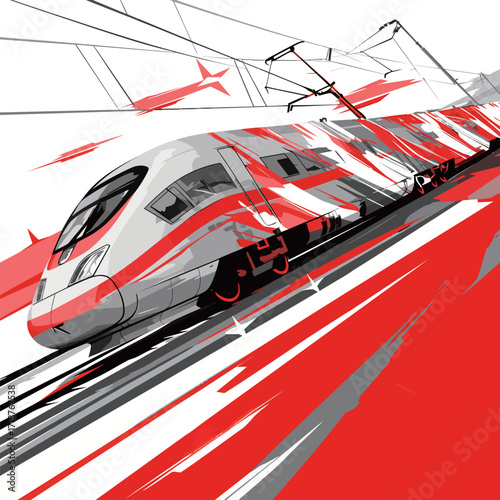 A modern train races ahead on sleek tracks in a lively city. Bold red and gray colors emphasize the speed and energy of the travel experience during daytime.