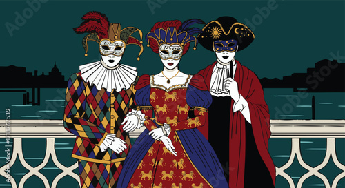 Three masked Venetian carnival characters on ornate city balcony Venice masquerade festival vintage celebration elegant illustration