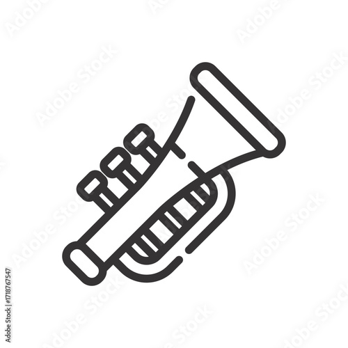 Line drawing of a trumpet showing valves bell and tubing. Icon vector illustration