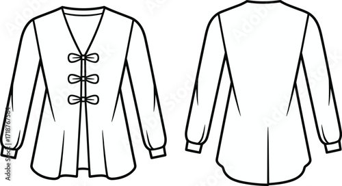 Fashion flat sketch of women’s long sleeve blouse with bow front closure, v neck, cuffed sleeves, garment design template