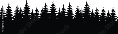 Silhouette forest of pine trees, natural woodland background, evergreen conifer landscape, wilderness nature scenery, outdoor environment design, black forest illustration template