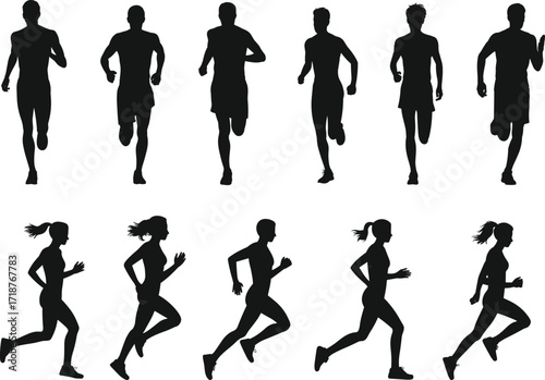 Silhouette illustration of running men and women, jogging athletes in motion, fitness activity, sport exercise vector design, marathon training artwork
