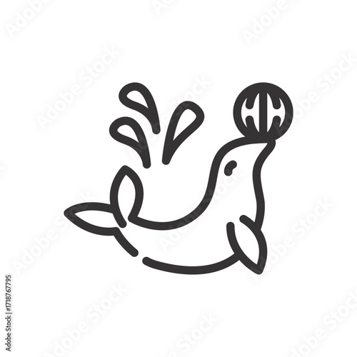 Outline illustration of a seal balancing a ball on its nose accompanied by water splashes. Icon vector illustration
