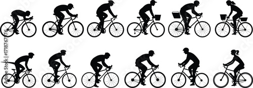 Silhouette vector illustration of people riding bicycles, cycling activity, sport exercise, outdoor lifestyle, bike riders set, fitness transportation design