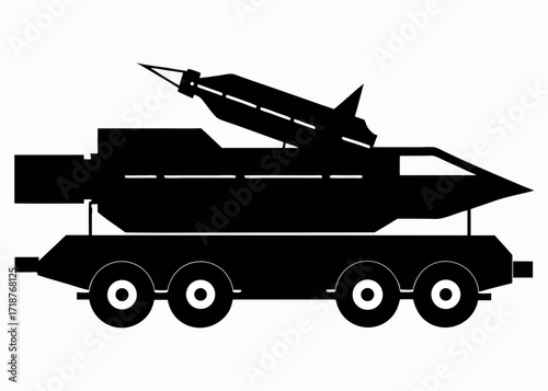 Surface to air missile vehicle black vector silhouette on white background