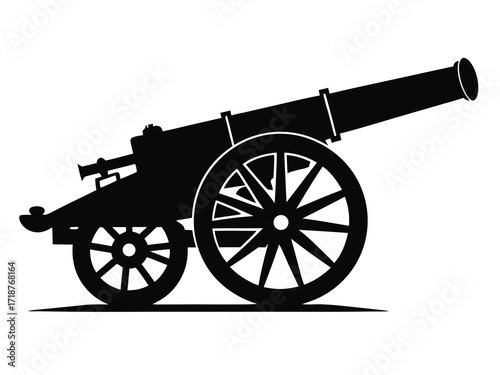 Heavy artillery cannon black vector silhouette on white background